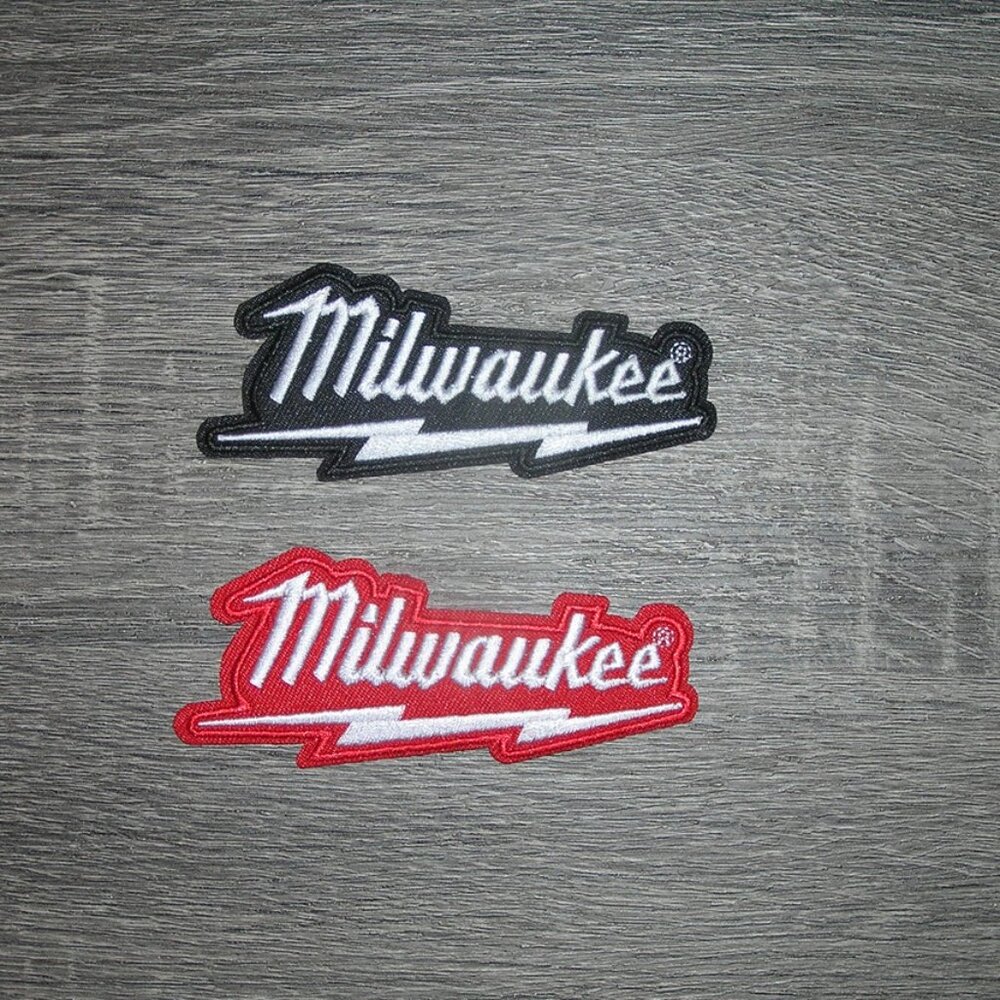 (2) Lot of Milwaukee Tools Black + Red Embroidered Iron On Patches